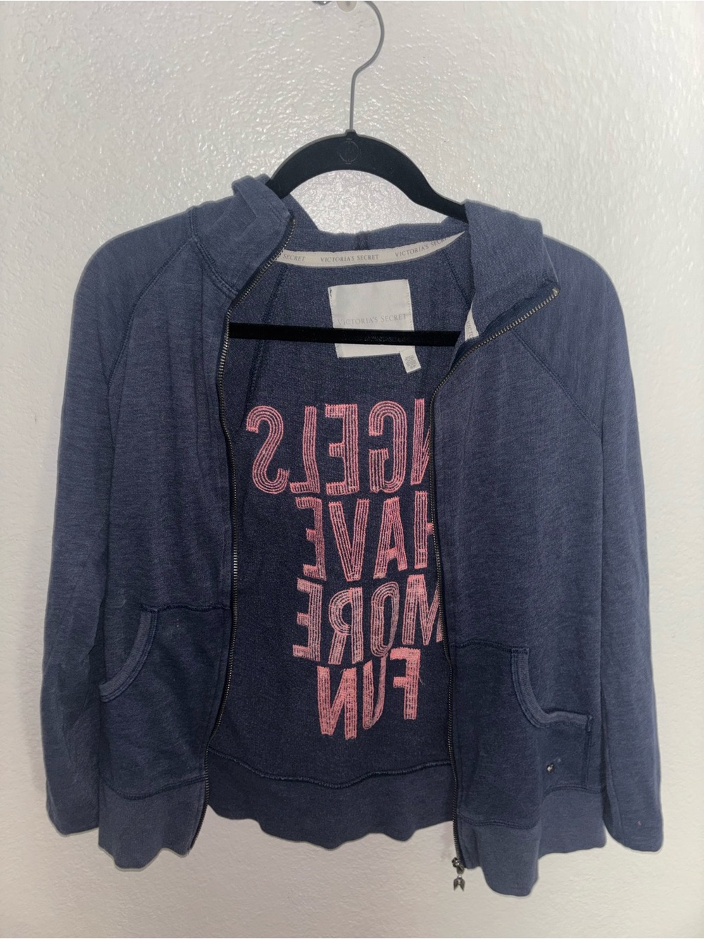 Vintage VS Navy Hoodie with Coral Sequin "Angels Have More Fun" Graphic - Picture 2 of 5